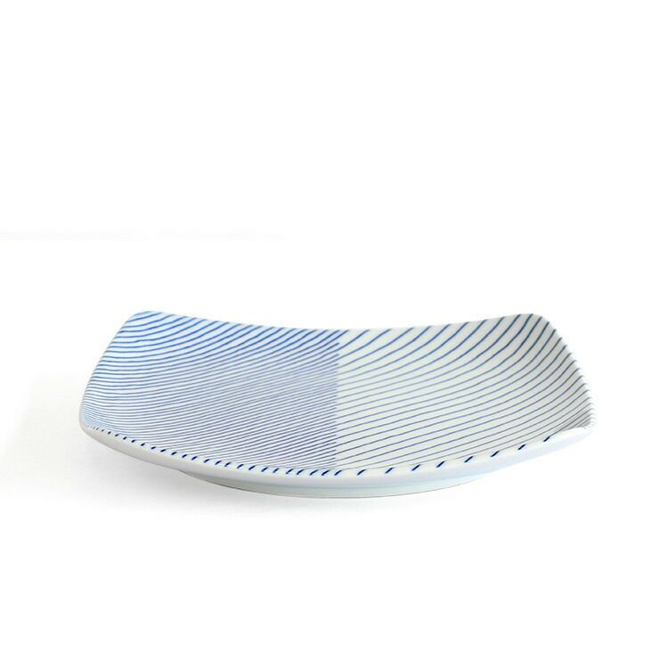 白山陶器 反角多様皿 21cm ホワイト/ブルー