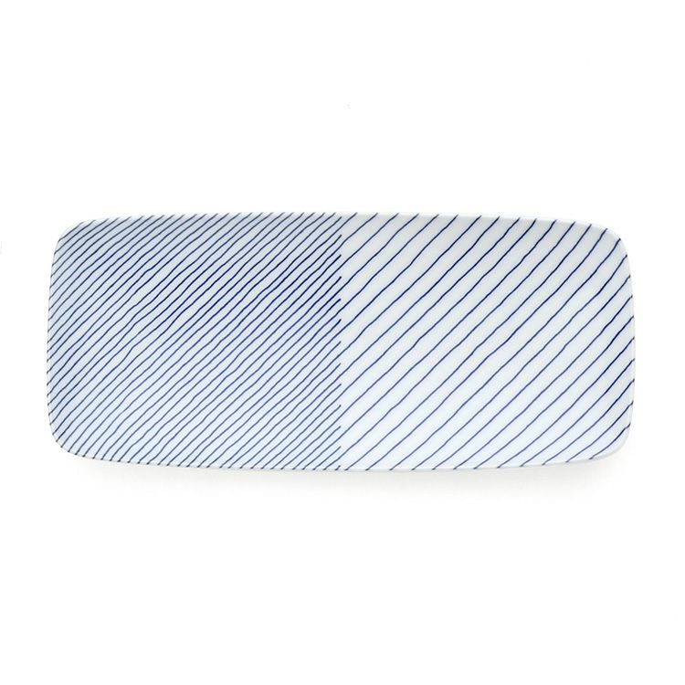 白山陶器 重ね縞 長焼皿 25.5cm ホワイト/ブルー