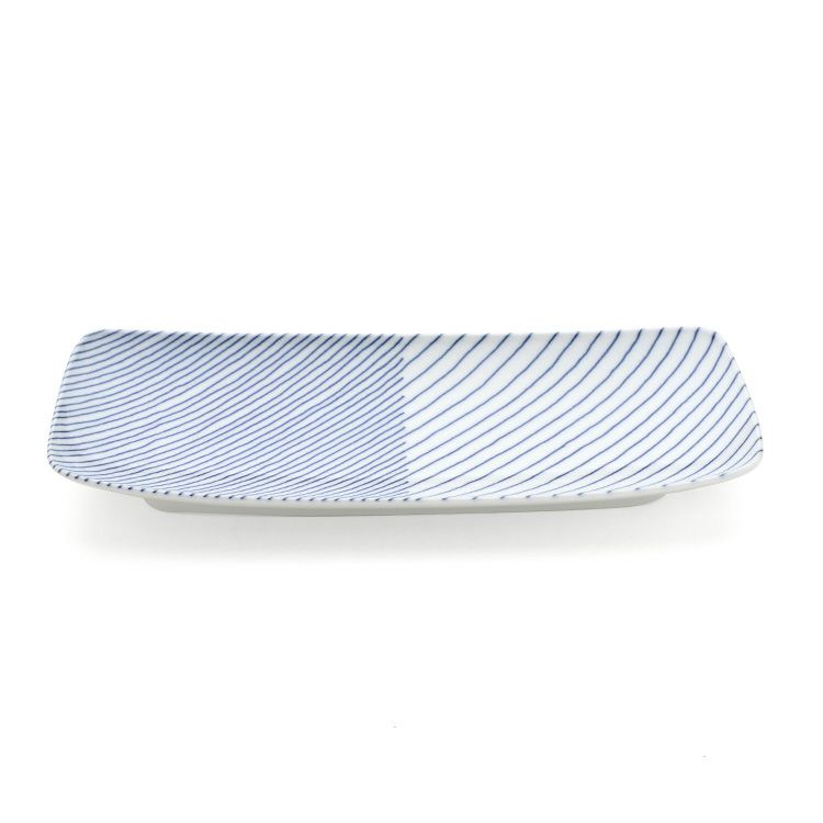 白山陶器 重ね縞 長焼皿 25.5cm ホワイト/ブルー