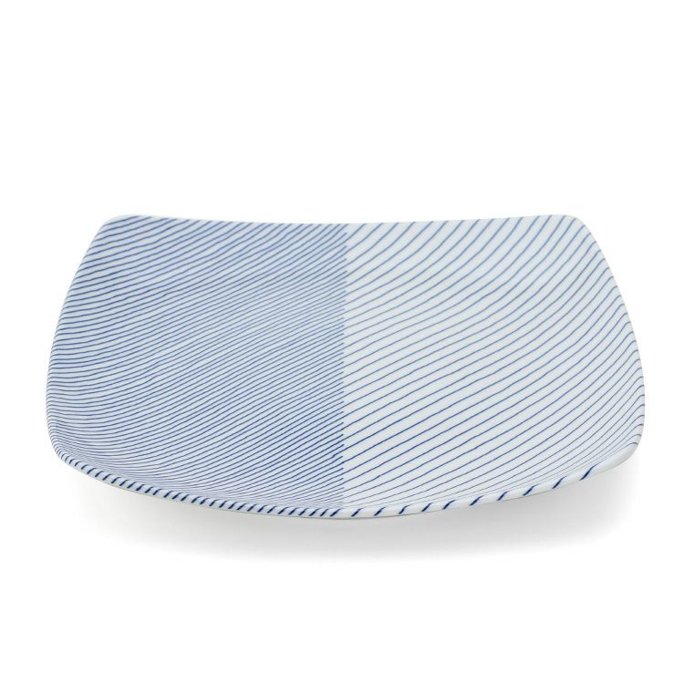 白山陶器 重ね縞 反角盛皿 27.5cm ホワイト/ブルー