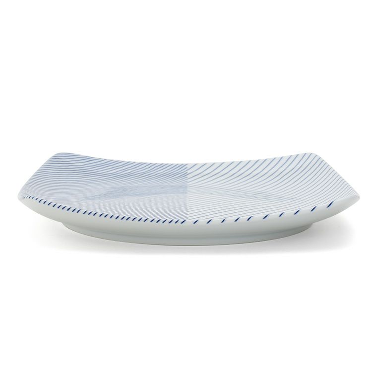 白山陶器 重ね縞 反角盛皿 27.5cm ホワイト/ブルー