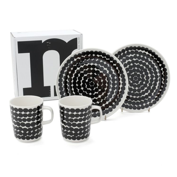 マリメッコ（marimekko） シイルトラプータルハ/SIIRTOLAPUUTARHA マグカップ250ml×2点＆プレート20cm×2点 ホワイト/ブラック