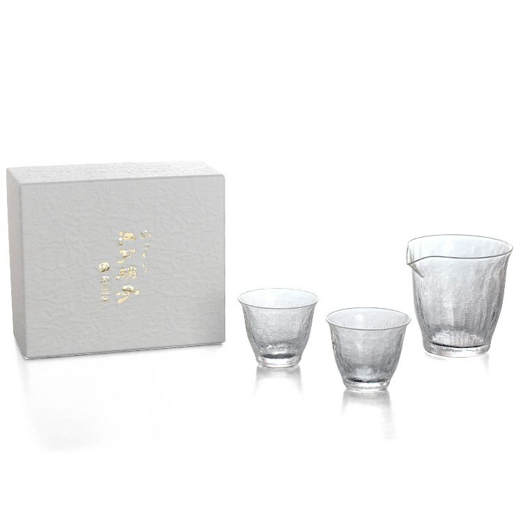 藍花×田島硝子 雪化粧 冷酒セット （片口1個、ぐい呑2個）