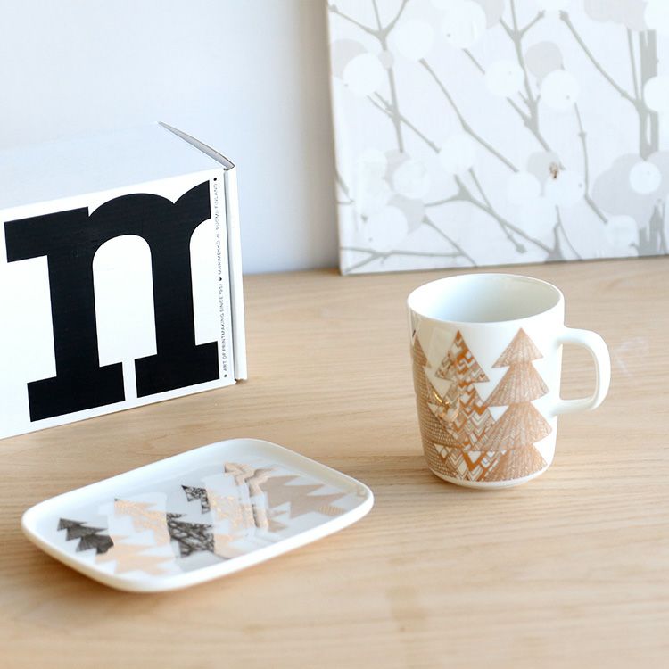 マリメッコ（marimekko） クーシコッサ/Kuusikossa マグ250ml＆プレート15x12cm ゴールド/ホワイト